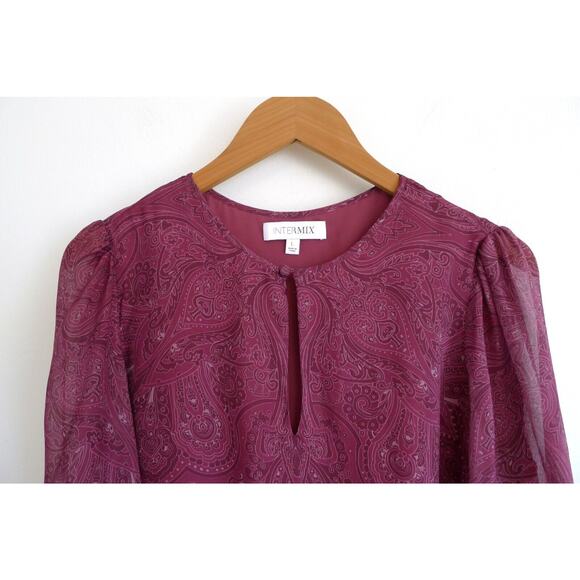 INTERMIX Kiera Silk Paisley Print Blouson Sleeve Keyhole Blouse Top L $228 - Picture 7 of 14